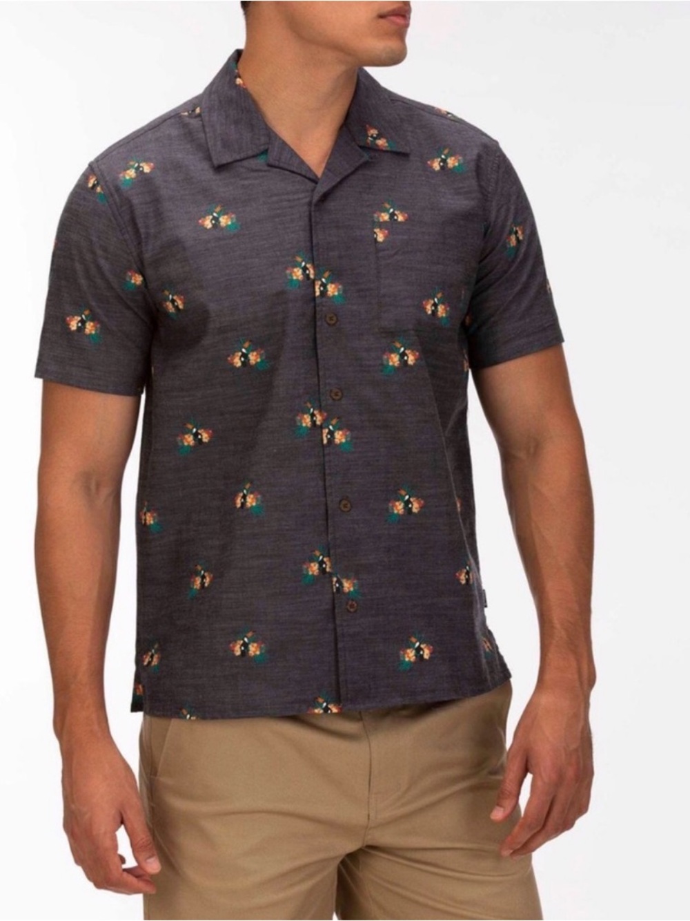Hurley Canopy Anthracite Toucan Tropical Hawaiian Bark Cloth Camp Shirt - M